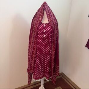 3PC Maroon Bandhani Printed Suit with Dupatta Size Large